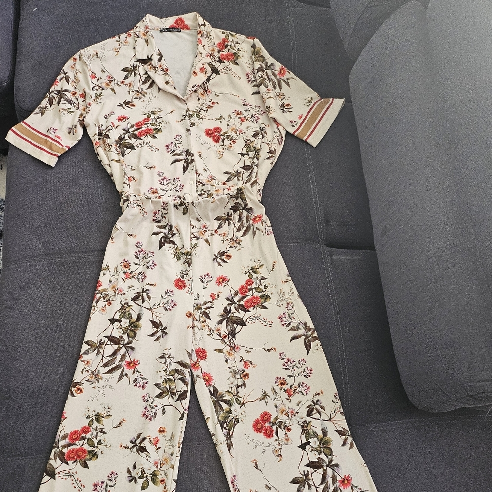 Zara Cream and Red Floral Jumpsuit